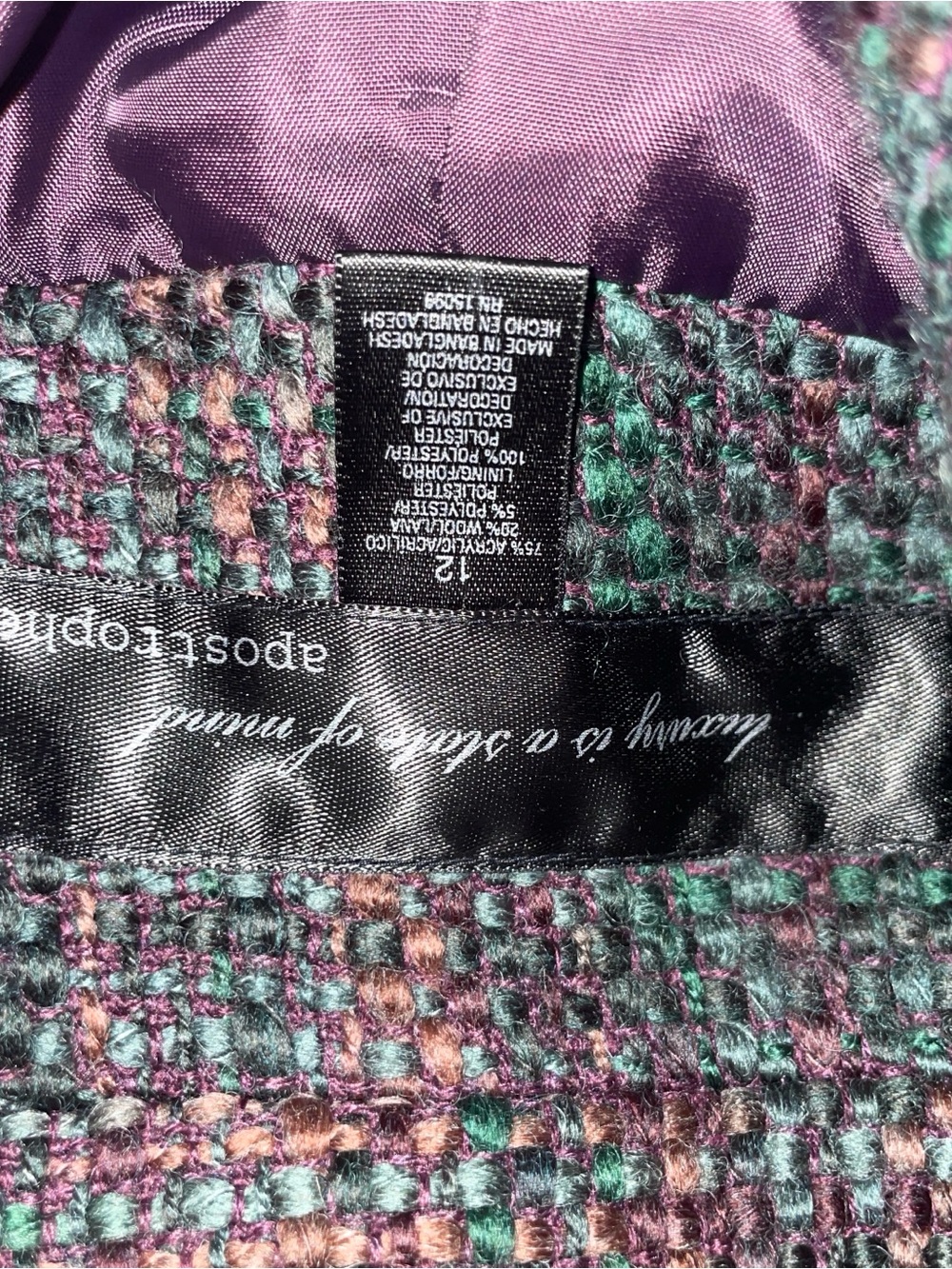 Aeropostale Double-Breasted Tweed Pea Coat in Plum and Teal - Picture 5 of 7